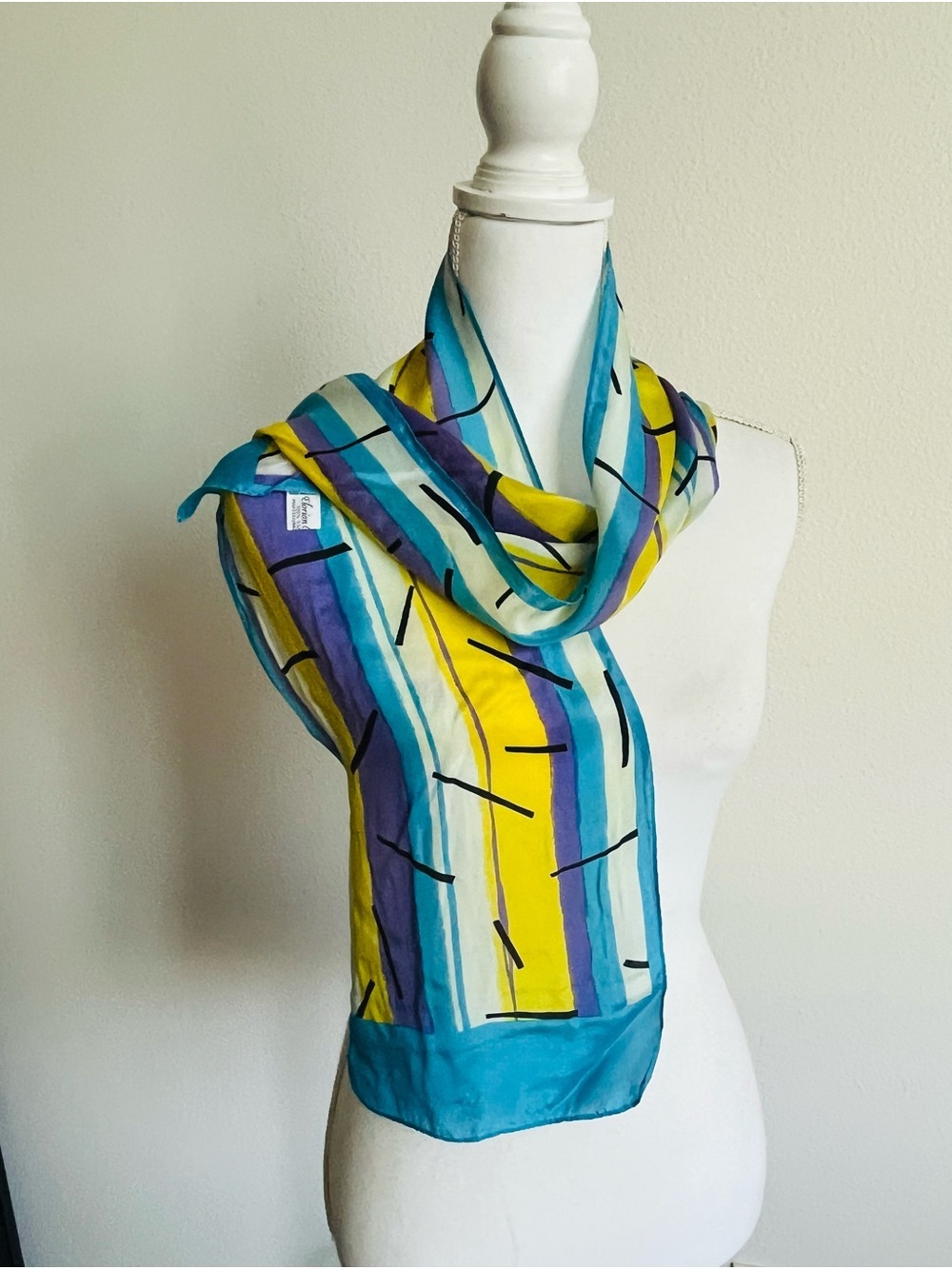 100% silk Striped Turquoise, Yellow & Purple Scarf 9/48 inch